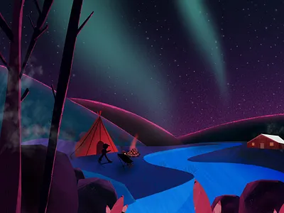 Camping aurora camp camp fire camping design house illustration landscape mountain river stone tree