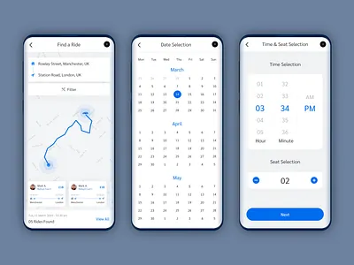 Search Result, Date, Time & Seat Selection Screens - Trip App app app design booking app calendar app homepage design landing page design ride sharing app schedule app search travel app ui designer ux designer
