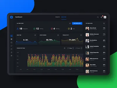 Project management tool: Dashboard employees analytics chart dark dashboad data diagram employee graph manager product design project management tool task task app team ui