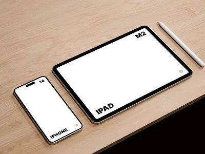 M2 iPad Pro and iPhone 14 Pro Max on Desk Mockup apple desk free ipad iphone mockup psd smartphone tablet wood