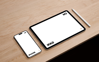 M2 iPad Pro and iPhone 14 Pro Max on Desk Mockup apple desk free ipad iphone mockup psd smartphone tablet wood