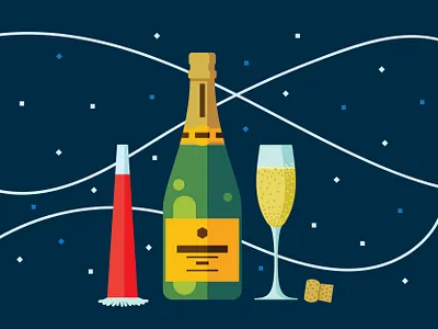 New Year’s Eve bubbles celebration champagne champagne glass chris rooney confetti cork december holiday horn illustration january new years eve night noisemaker sparkling wine streamers toast wine wine glass