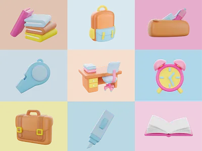 3D Education School Object 3d 3d icon app bag blender book c4d clay clock cycles decoration desk icon iconography illustration maya render school ui ux
