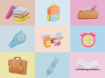 3D Education School Object 3d 3d icon app bag blender book c4d clay clock cycles decoration desk icon iconography illustration maya render school ui ux