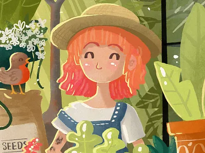 Finally, it's spring bird character easter flowers garden gardening greenhouse hike one illustration nature outside plants pots procreate app scenery spring sun triangle