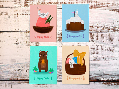 Easter gift postcards animal art bear cat charachter chiken color design digitalartist digitalartwork draw drawing easter egg graphic design illustration photoshop post card rabbit