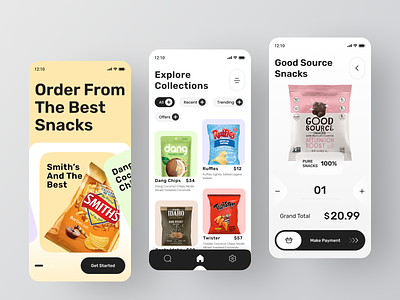 Snacks Product App 🍿 anacks app app app design app ui awesome design chips delivery services ecommerce app food food app food ordering app mobile app online store product product app shopping cart snacks snacks product app ui ux