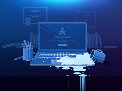 Shit happens books computer cup fail failed illustration laptop liquid proart prokopenko shit spilled trouble water waterfall workplace