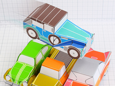 Car Jumping Over Cars - Paper Toy Vintage Cars 3d cars craft illustration jumping model paper stunt toy vintage