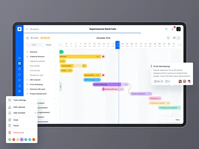 Project management tool: Project roadmap (Gantt chart) analytics app calendar cards dashboard design gantt chart graph grid interface menu product design project management tool roadmap sidebar table timeline tool typography ui