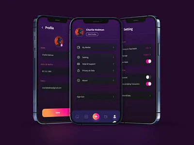 Fire Fintech Mobile App Design- Settings app design bitcoin app crypto wallet cryptocurrency dark mode dark ui design design ui kit finance app fintech app graphic design mockup presentation money app profile settings ui ui ui design template ui kit ui ux