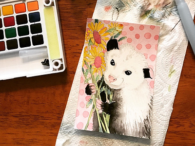 Pretty Possum animals character cute flowers illustration watercolor