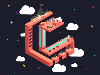Tshirt illustration 3d brand castle clouds colorful computers illustration lightspeed logo restaurant retail