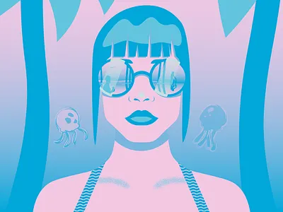 Summer Bangs babe bangs blue character illustration jellyfish minimal pink pop art reflection summer sunglasses woman