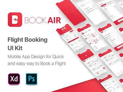 BookAir - Flight Booking App UI Kit app design app ui app ui kit app ux booking app design flat flight booking app functionality focus illustration interface design minimal minimal app design red color red gradient ui kit