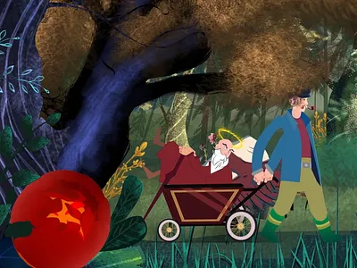 In the forrest 2d art angel animation animation 2d branding character design flat flower forrest fun geometric graphic green illustration magic nature oldman people smoke