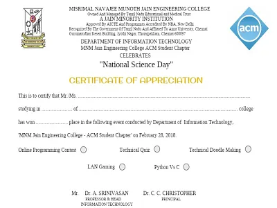 Certificate for National Science Day animation art branding design graphic designer hit the art hitheart hittheart illustration illustrator logo magesh raja mageshraja officialhittheart typography ui ux vector web website