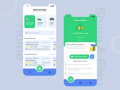Restroom Finder Light Theme adobe xd app clean color concept creative creativity design dribbble flat home page illustration rebound restroom room share share earn toilets ui ui ux
