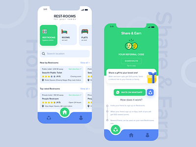 Restroom Finder Light Theme adobe xd app clean color concept creative creativity design dribbble flat home page illustration rebound restroom room share share earn toilets ui ui ux