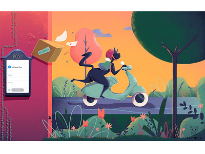 WeTransfer Page Design animation art artwork cat character design digitalart drawing flat flatdesign illustration page post road vespa wetransfer