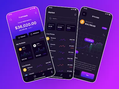 Cryptocurrency marketplace mobile app ui design | Fintech app design bitcoin bitcoin app cryptocurrency currency exchange dark mode design design ui kit fintech app graphic design home screen logo marketplace mobile design product design ui ui design template ui kit ui ux