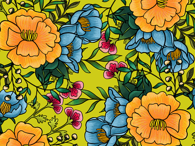 In Your Face Floral baby blue bouquet design desktop background digital art drawing fabric fabric pattern floral floral background floral pattern florals illustration lime green pattern procreate textured textures wallpaper wrapping paper
