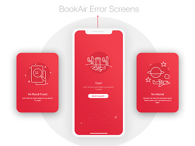 BookAir - Error Screens app design app functionality app ui app ui kit app ux booking app flat design flight booking illustration interface design minimal minimal app design red color red gradient travel travel ui kit ui kit