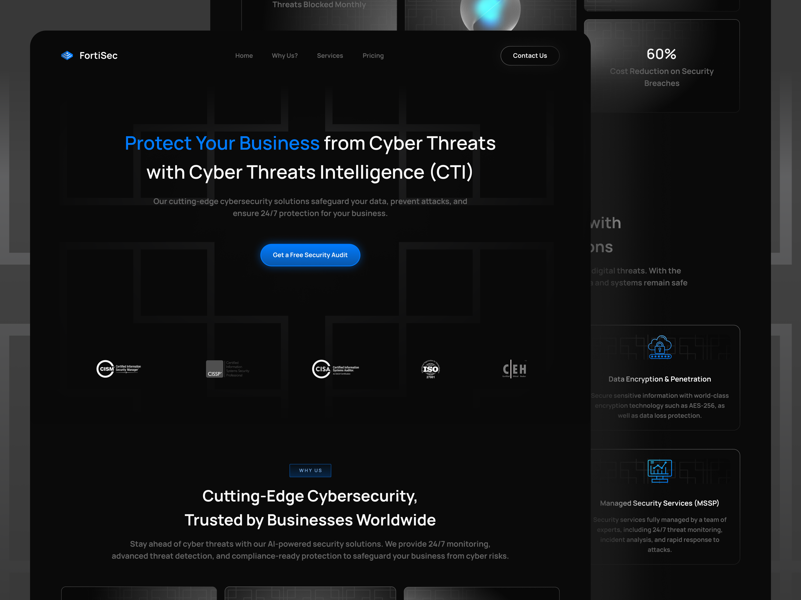 FortiSec - Cybersecurity Landing Page ai cyber security cybersecurity dark mode landing page ui design web design