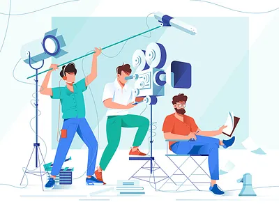 Men with movies shooting equipment camera flat illustration kit8 man movies operator relationship shooting studio vector