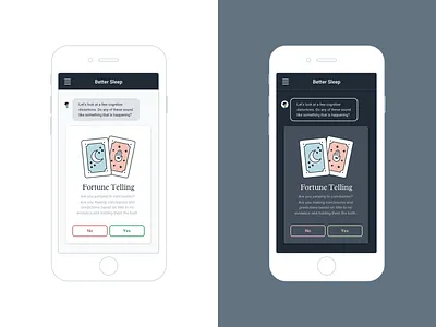 Better Sleep Mobile App Light & Dark Modes bot cards chat bot dark mode dark mode designlab fortune teller mobile ui design ux research
