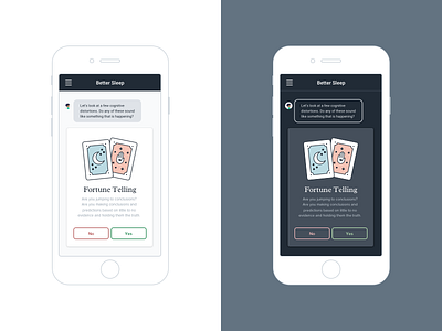 Better Sleep Mobile App Light & Dark Modes bot cards chat bot dark mode dark mode designlab fortune teller mobile ui design ux research