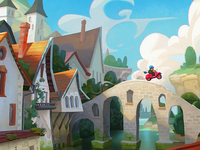 Color study bridge cartoon cloud escape moped river summer town