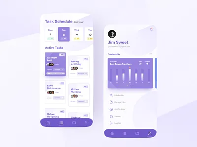 Team & Facility management app | Profile analytics bio calendar card list mobile app profile reminder schedule stats task ui ux