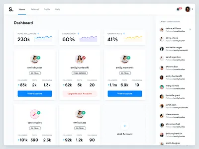 S. Dashboard - All accounts - Real Project analytics blue cards chart dashboard designer instagram interface purple ui ux white