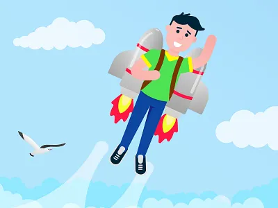 Boy flying with rocket jetpack like a super hero pilot business concept design fire flat gradient jetpack man people start up vector