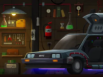 Crypto-Tower / 02. Doc's Garage (B) back to the future background design bitcoin car cryptocurrency delorean doc ethereum future garage illustration lab marty mcfly photoshop science