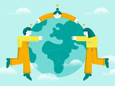 To Earth, With Love art blue bright character clouds design earth earth day floating heart hug illustration illustrator love people sky texture vector