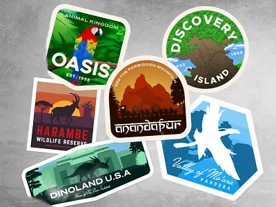Animal Kingdom Travel Sticker Collection affinity designer animal kingdom avatar badge dinosaur disney disney world distressed earth day illustration parrot sticker sticker art theme park vector yeti