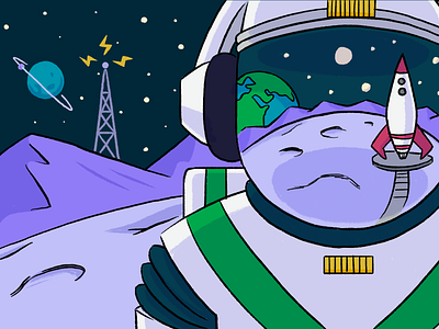 Your launchpad to success on social - cover illustration astronaut drawing illustration listening moon planet power rocket space stars suit