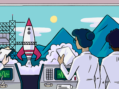 Your launchpad to success on social - guide illustration computers drawing illustration illustration agency mountain nasa retro rocket scientist space sun woman