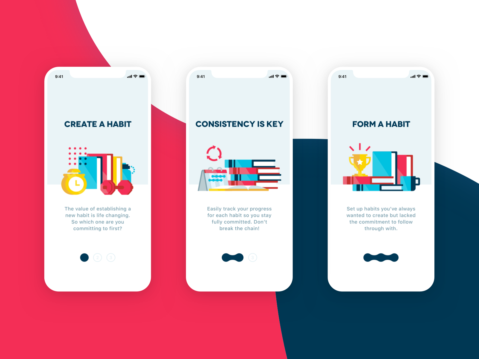 Commit Onboarding app books branding commit excercise habits icon illustration ui ux