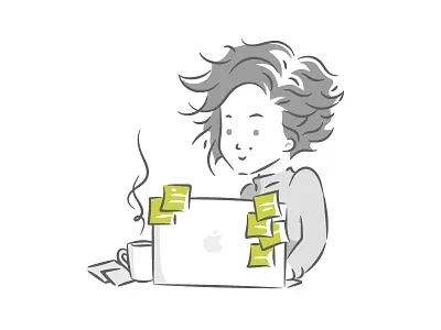 Team Member Illustration - Raquel // Mobsuite cartoon coffee company computer freelance girl green homeoffice illustration illustrator laptop macbook marketing notes office post it startup team vector vector art