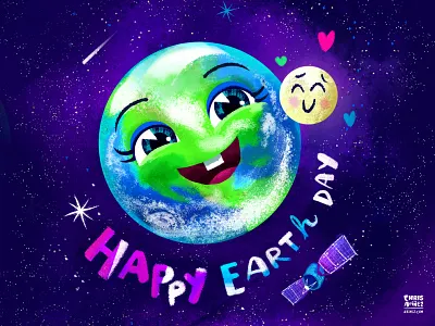 Happy Earth Day! earth earth day illustration moon planet satellite space stars