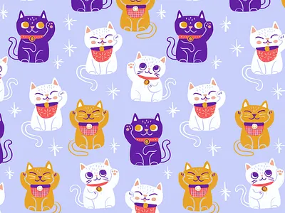Lucky Waving Cats art cat cat lady digital art digital illustration illustration japanese cat japanese culture kawaii kitty lavender lucky cat maneki neko manekineko pattern purple stars surface design surface pattern waving cat