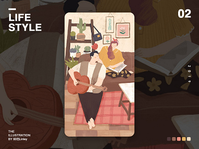 life style bedroom home illustration play the guitar read a book sofa