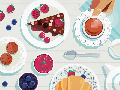 A Sunday morning situation. cakes flatlays food illustration pastry tea vector