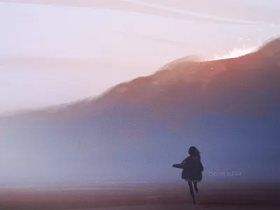 It's Time background background design character concept art design environment environment design girl graphic illustration light mountain nature night ocean painting photoshop sunset visual development