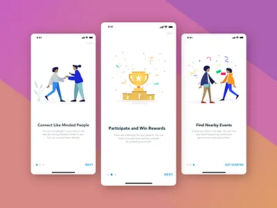 Walkthrough Screens adobe xd app app concept design flat illustration initial screens ios ui minimal mobile app concept mobile ui design social app social app ui social media walkthroughs ui ui ux ui design ux ui walkthrough walkthroughs