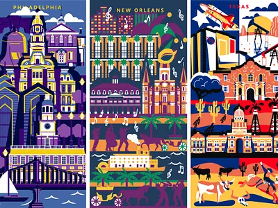 Cities and States illustrations for socks america cities cities illustration color colorful illustration new orleans philadelphia texas united states vector