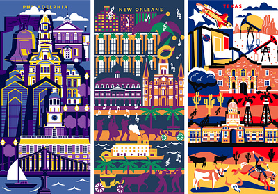 Cities and States illustrations for socks america cities cities illustration color colorful illustration new orleans philadelphia texas united states vector